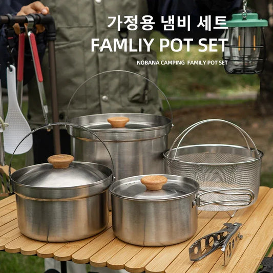 NOBANA Newest Outdoor Stainless Steel Pot Set Camping Family Pot Set 5L Portable Picnic Soup Pot Frying Steaming Household Pot - Golden Bridge Store