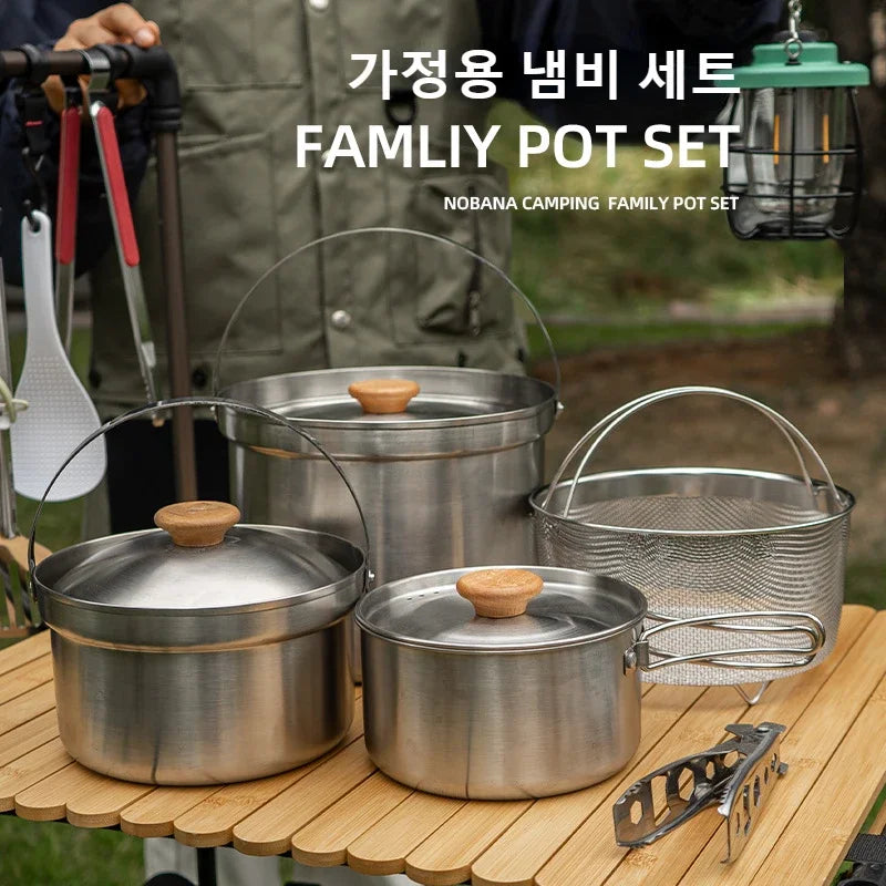 NOBANA Newest Outdoor Stainless Steel Pot Set Camping Family Pot Set 5L Portable Picnic Soup Pot Frying Steaming Household Pot