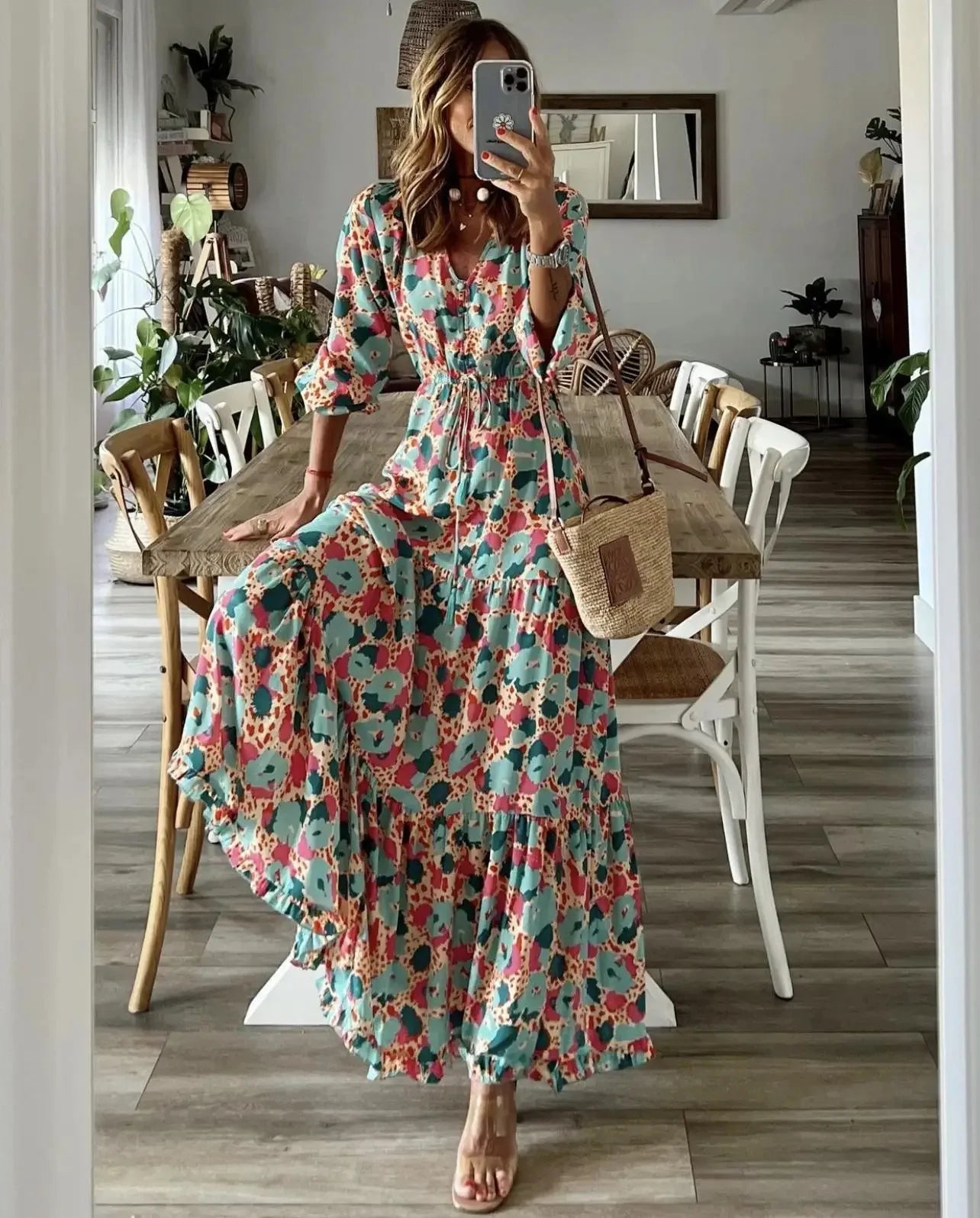 Elegant Women's Flower Long Dresses 2025 Spring New Bohemian Printed Dress Abıye Kadın Abiye Платье Robe Ete Femme Vestidos