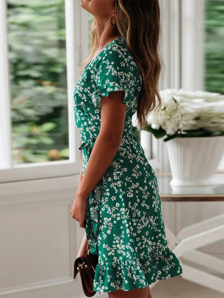 Boho Floral Print Ruffles Women Dress Summer Sexy V Neck Short Sleeve A Line Chiffon Mini Dresses Beach Vacation Sundress