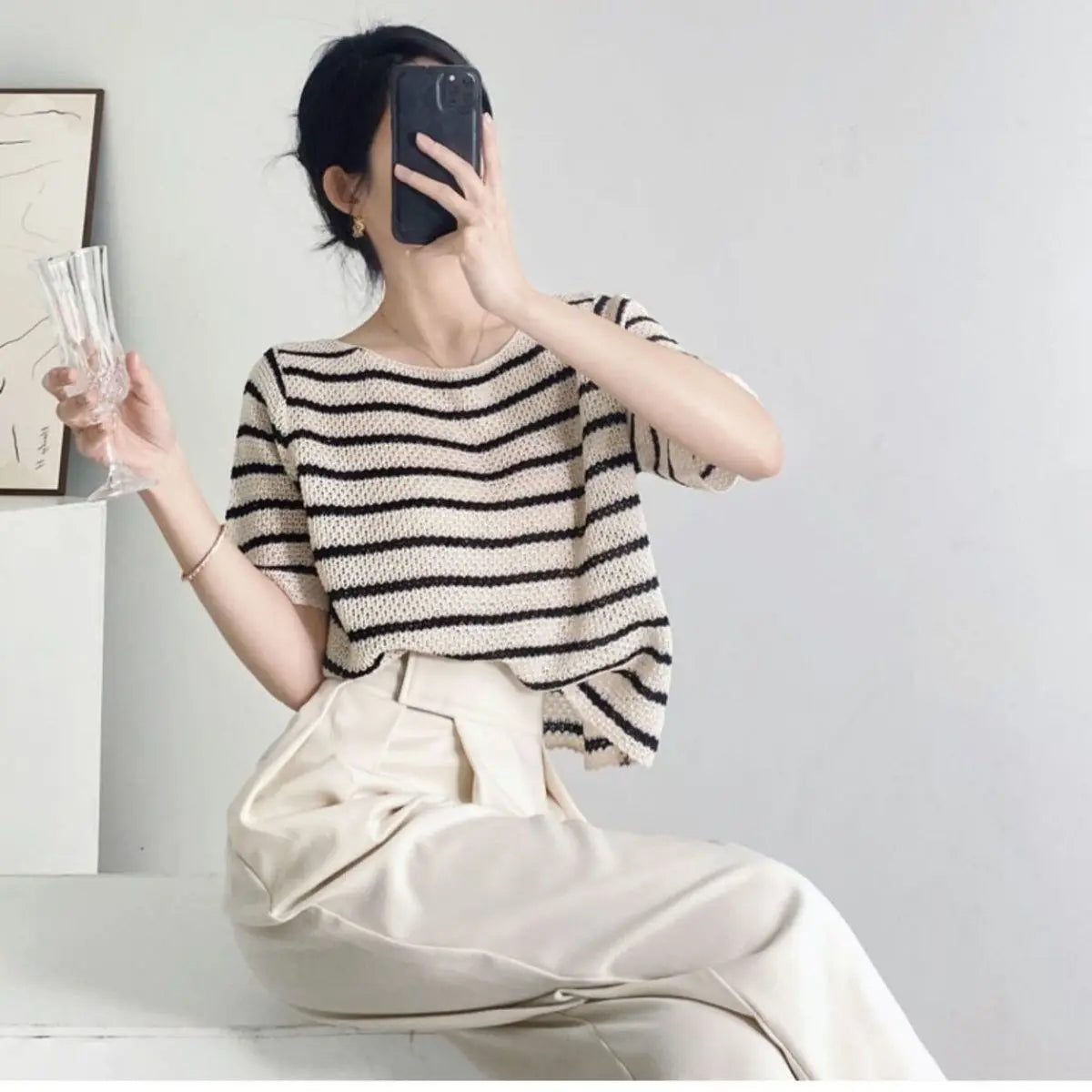 Short-sleeved T-shirt Top for Women in Summer One-length Design Thin Style Elegant Ice Silk Knitted Sweater
