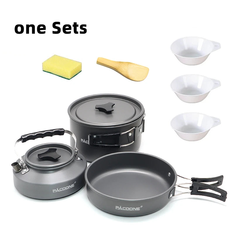 PACOONE Camping Cookware Set Outdoor Portable Foldable Cookware Set Pot Cooking Kettle Set Tableware Hiking Picnic Equipment