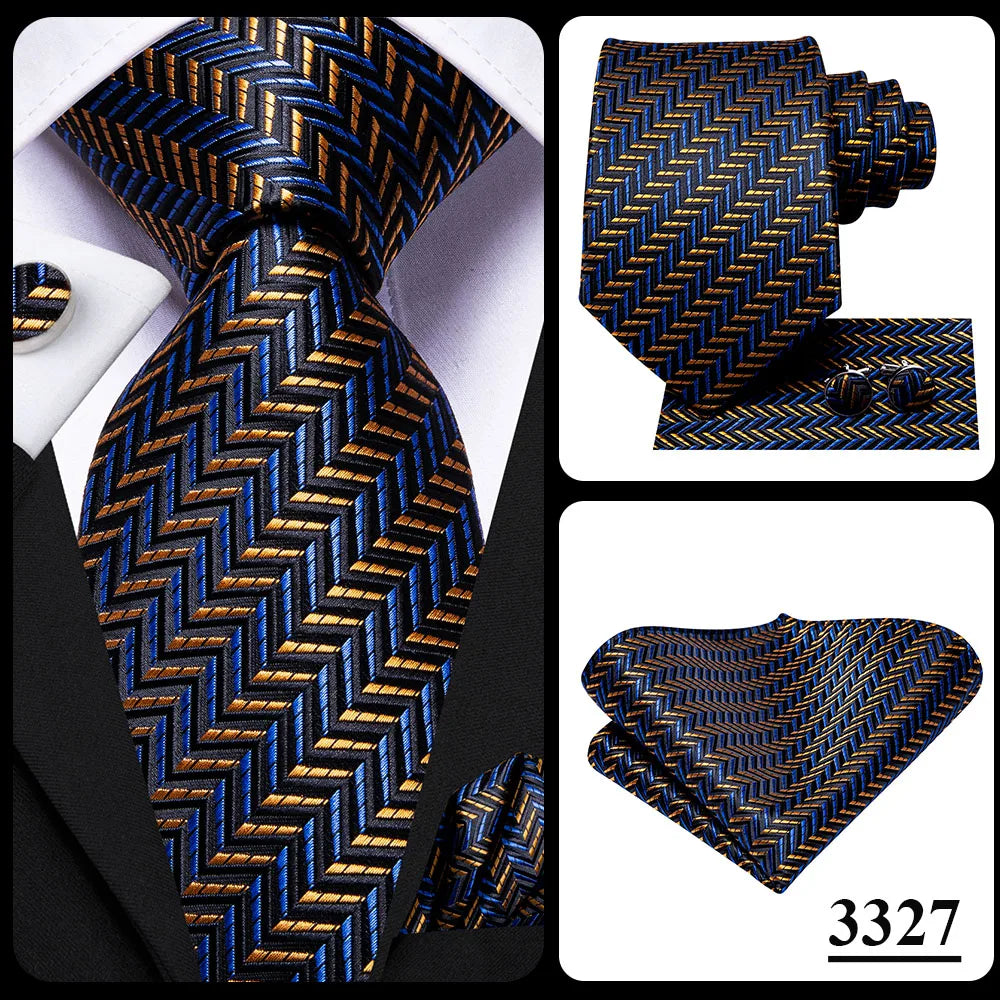 Set de cravate bărbătești din mătase Hi-Tie, model floral, cravate și batiste aurii galbene, set de butoni, costum de nuntă pentru bărbați, cravată la modă C-3053