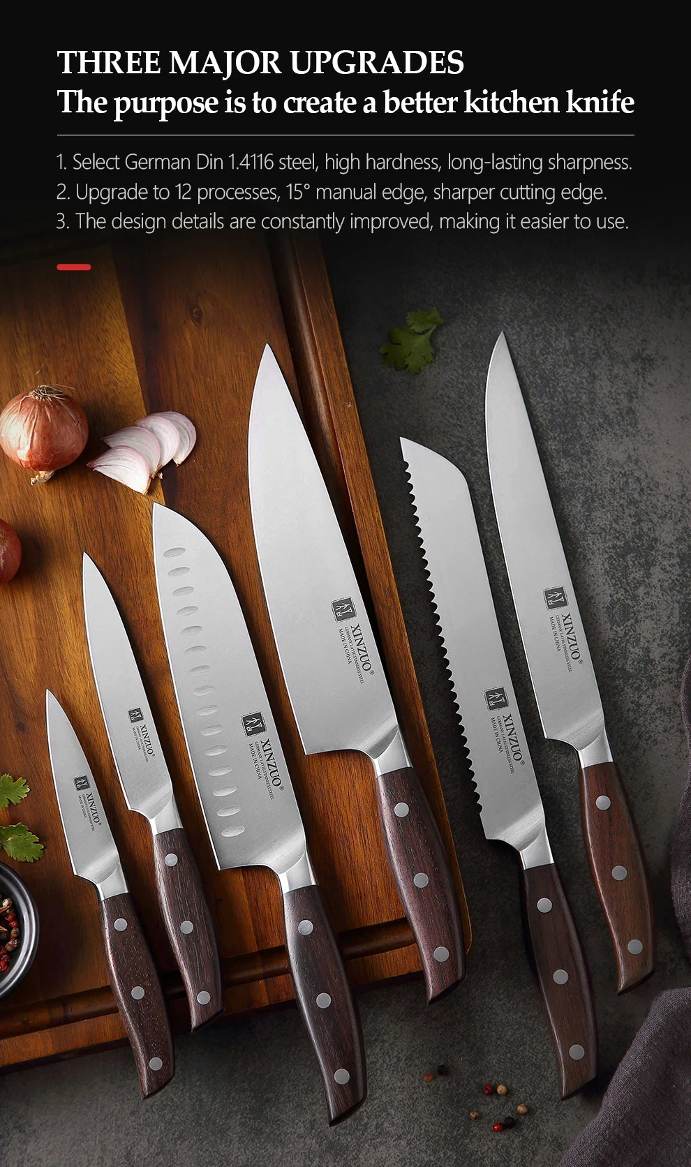 XINZUO Kitchen Tools 6 PCS Kitchen Knife Set Utility Cleaver Chef Bread Fruit Santoku Knives Stainless Steel Kitchen Knife Sets