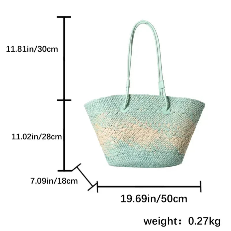Summer Seaside Beach Bag Hand-woven Large Capacity Straw Tote Bag Gradient Color Design Women 's Travel Vacation Shoulder Bag - Golden Bridge Store
