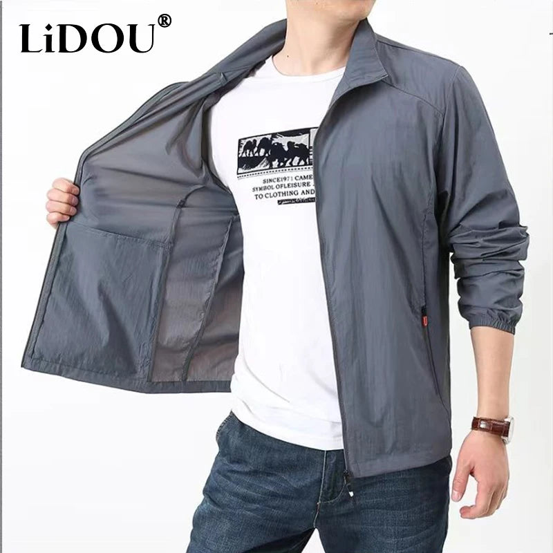 New Fashion Quick Drying Breathable Jacket for Man Loose Casual Stand Collar Coats Pocket Solid Outwears Sports Men's Clothing