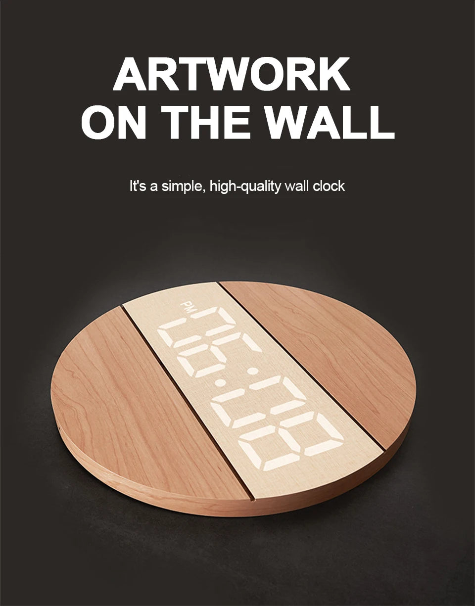 LED Digital Wall Clock Wooden Large Round Screen Automatic Brightness Adjustment 12/24H Hanging Clock Home Living Room Decor