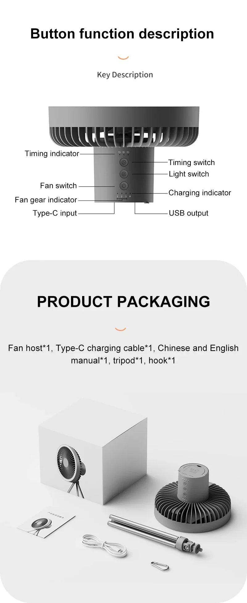 10000mAh Portable Fan Home Outdoor Camping Fan LED Lighting Tripod Stand Desktop with Power Bank Wireless Ceiling Electric Fan