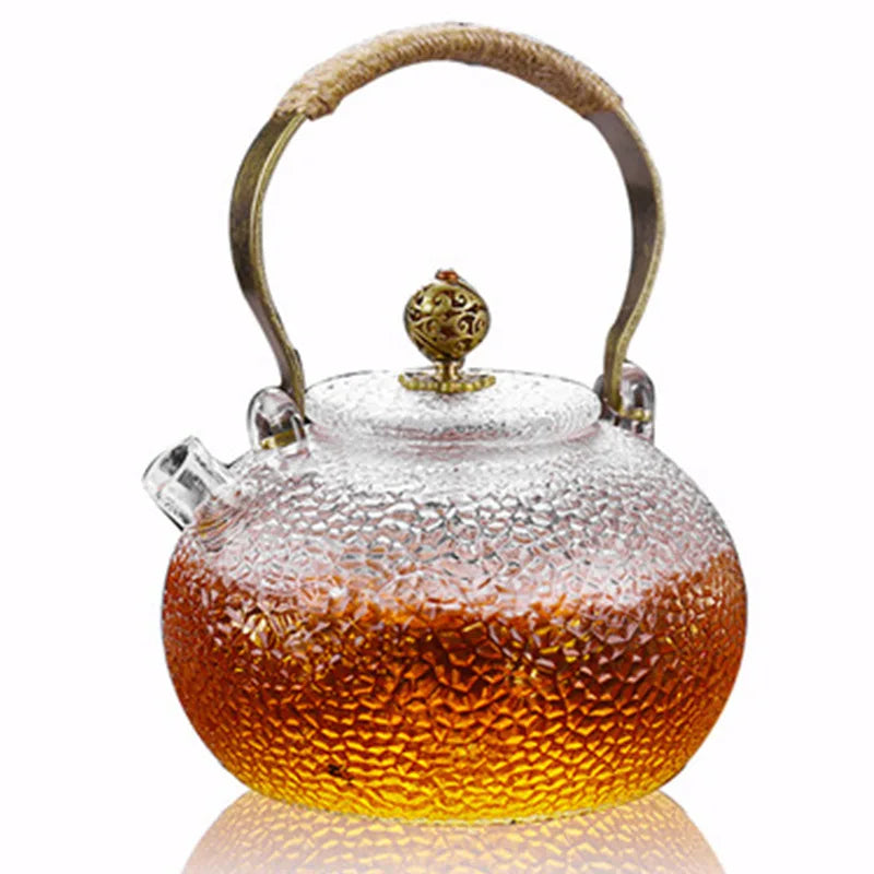 Japanese-style Hammer Pattern High Temperature Resistant Glass Tin Flower Copper Handle Beam Pot Teapot Glass Tea Set