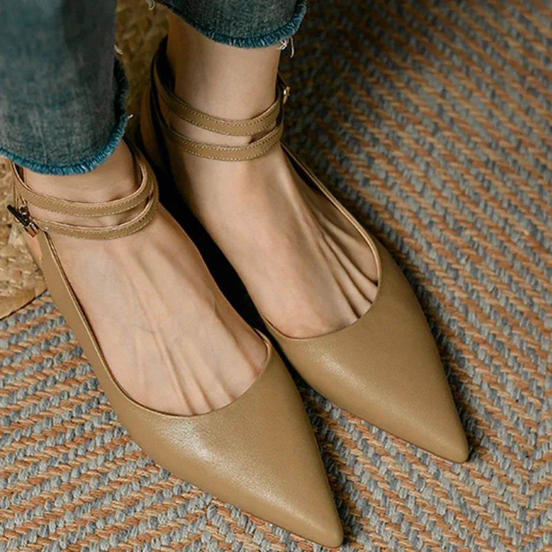 New 2025 Summer Trend Women Sandals Genuine Leather Slingbacks Closed Pointed Toe Apricot Beige Flat Shoes Ankle Strap Ladies