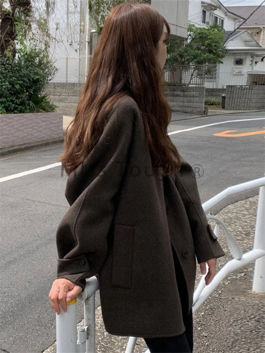 Frence Solid Elegant Vintage Wool Coat Women Patchwork Button Warm Overcoat Female Long Sleeve Pocket Casual Overcoat 2023 New