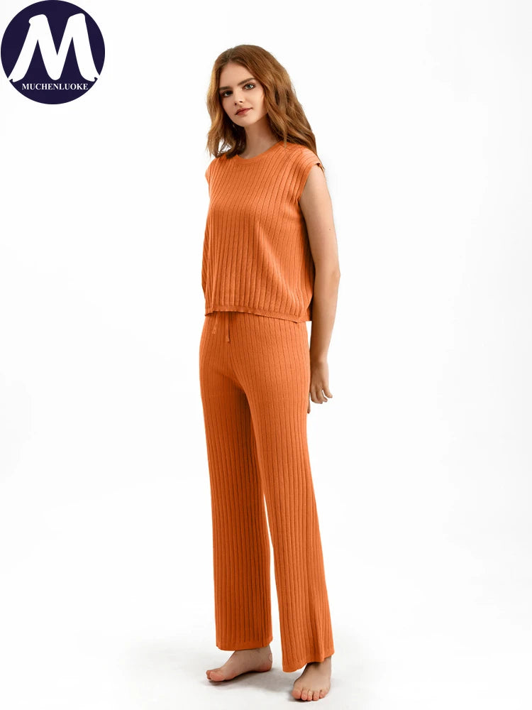 Elegant 2-Piece Sets for Women, Casual Knitting, Sleeveless, O Neck Tops, Loose Lace Up, Wide Leg Pant Set, Summer Fashion, New
