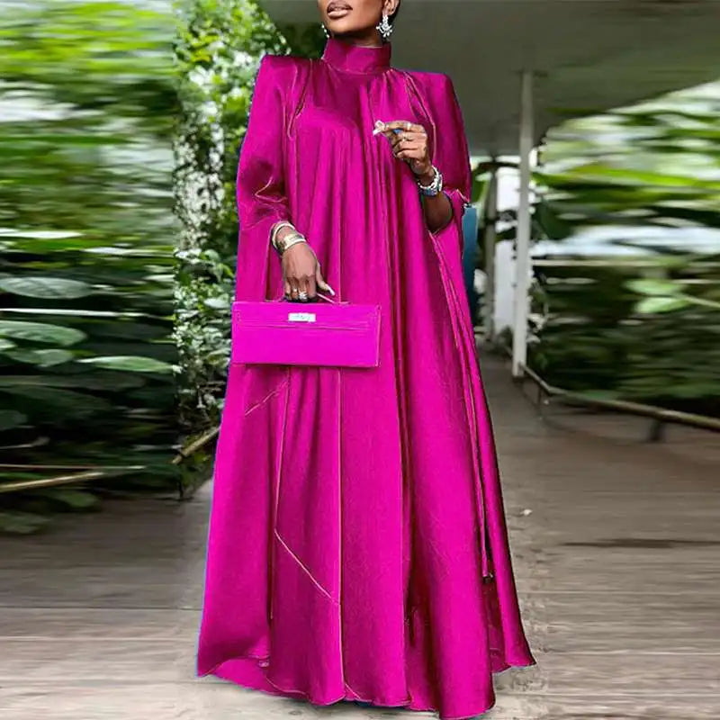 Elegant Evening Dress 2024 VONDA Women Pleated Stand Collar  Long Sleeve Satin Party Sundress Casual Solid Loose Robe Vestidos