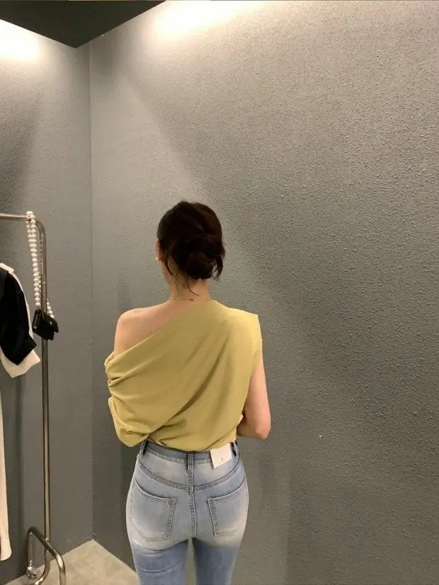 Asapgot Diagonal Crop Top - Schulterfrei Elegant Kurzarm S