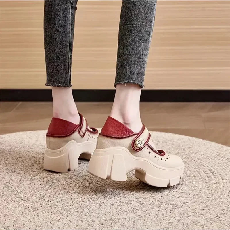Women's Heels Shoes Summer Sneakers Platform Woman-shoes 2024 Thick Sole Roses Casual Leisure Round Toe Zip PU Retro Rubber