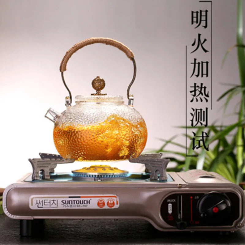 Japanese-style Hammer Pattern High Temperature Resistant Glass Tin Flower Copper Handle Beam Pot Teapot Glass Tea Set