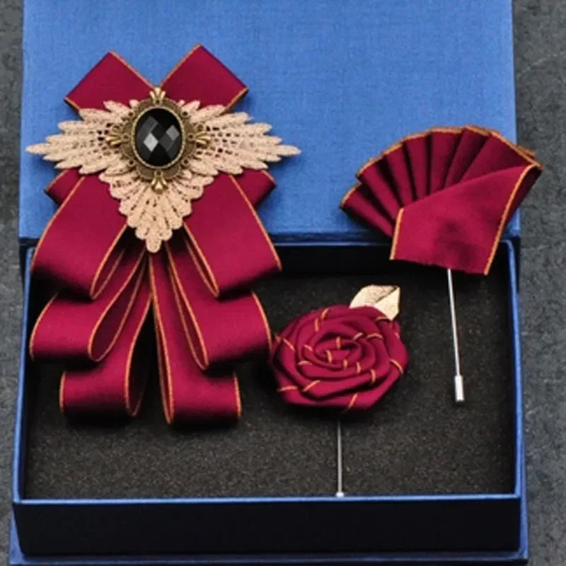 Hochzeits-Set 2025: British New Fashion Men's Wedding Performance Groom - Wedding-Party Flower Collar Bow Tie Pocket Towel Square Set Men Accessories Collection