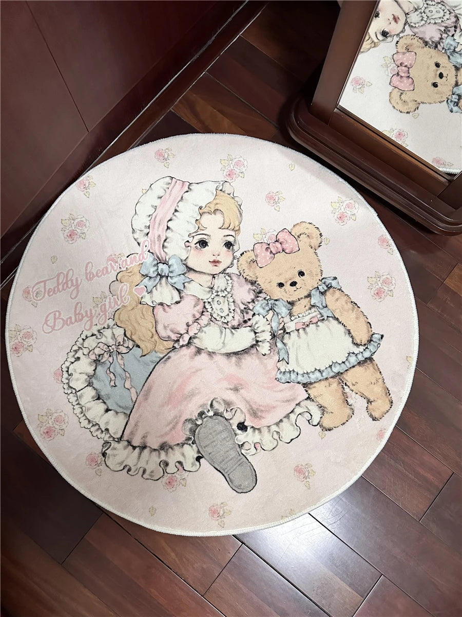 Soft Carpet Cartoon Bear Doll Carpets Round Rectangular Livingroom Rugs Kawaii Girl Lolita Retro Bedroom Bedside Cashmere Carpet