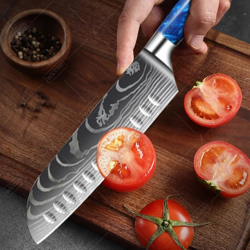 Küchenmesser-Set 2025: High Carbon Stainless Steel 7CR17 - Damascus Pattern Cleaver Chef Santoku Collection