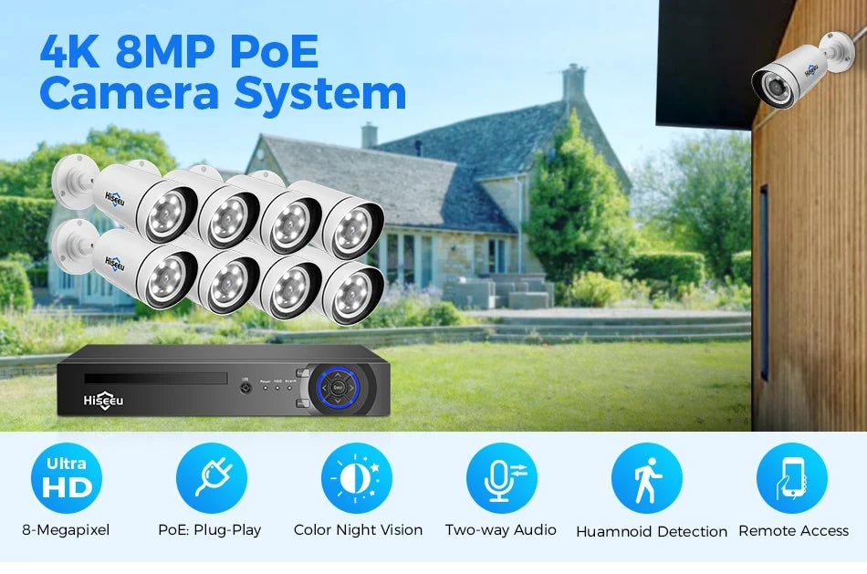 Hiseeu 4K 8MP POE Security IP Camera System Waterproof Full Color AI Face Detection 4CH NVR H.265 Surveillance CCTV Cameras Kit