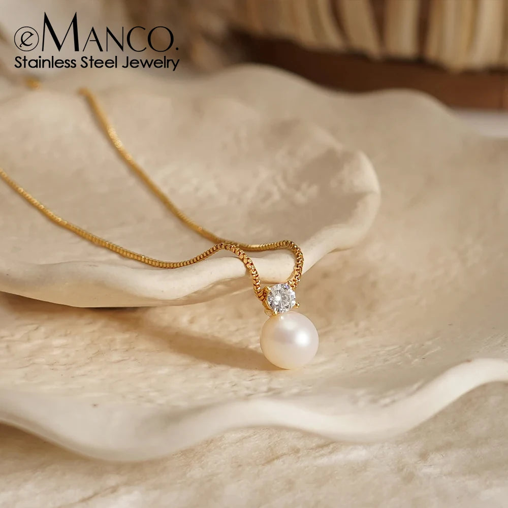 eManco Stainless Steel Gold Plated Imitation Pearl Pendant Short Zirconia Necklace Women's Accessories Wholesale