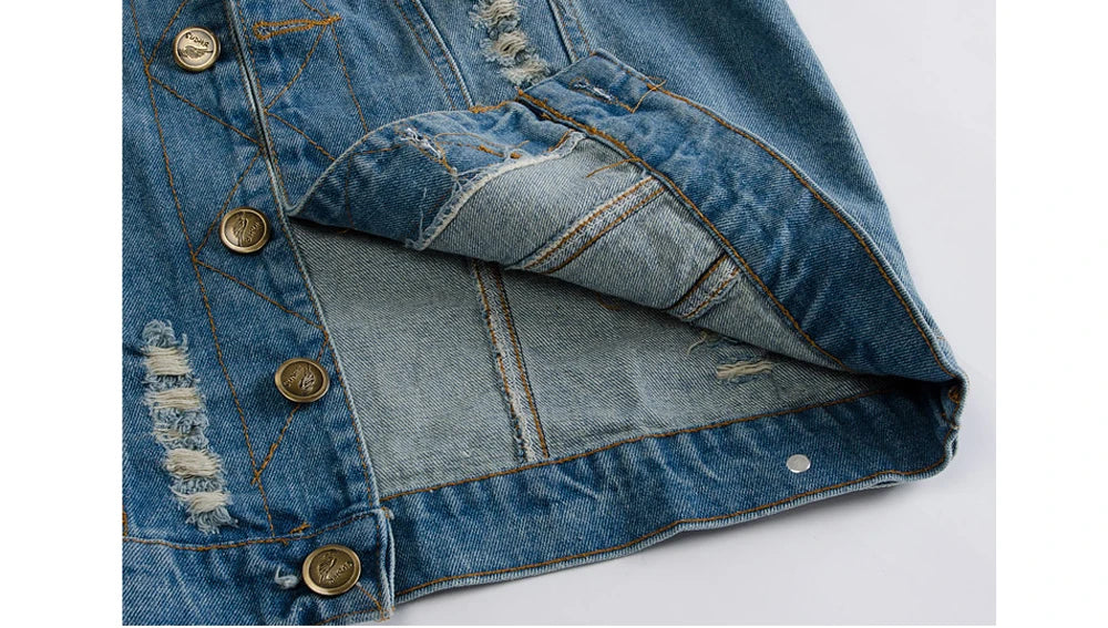 Men's Denim Vest Sleeveless Jackets Cotton Retro Streetwear Ripped Blue Jean Vests Fashion Hip Hop Waistcoat Men Clothing