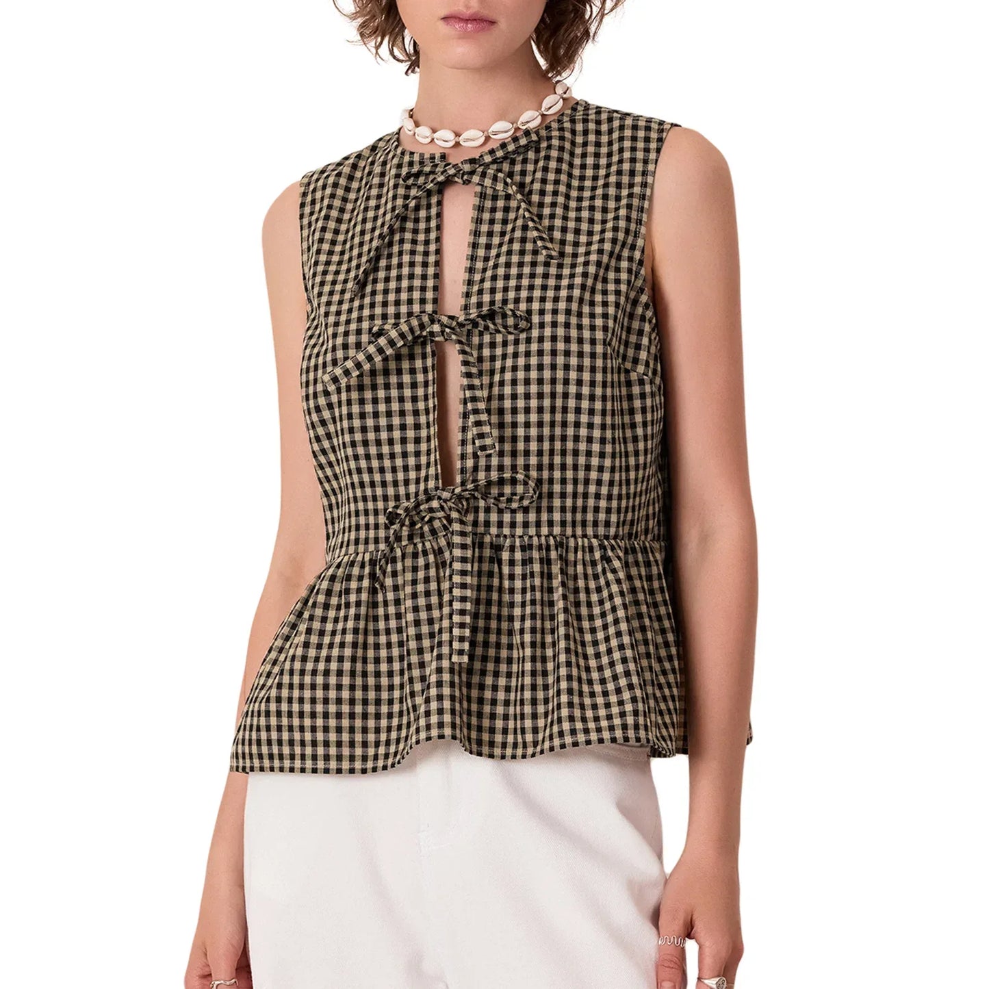 Women Tie Front Peplum Tank Tops Y2K Sleeveless Lace Up Ruffle Hem Babydoll Vest Shirts Cute Summer Going Out Crop Tops - Golden Bridge Store