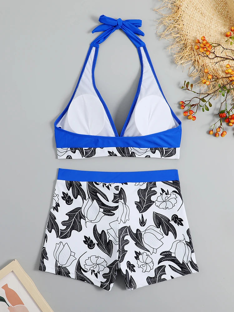 Halter Bikini Set Kurzer Schwimmanzug Frauen High Waist Bedruckte Bademode