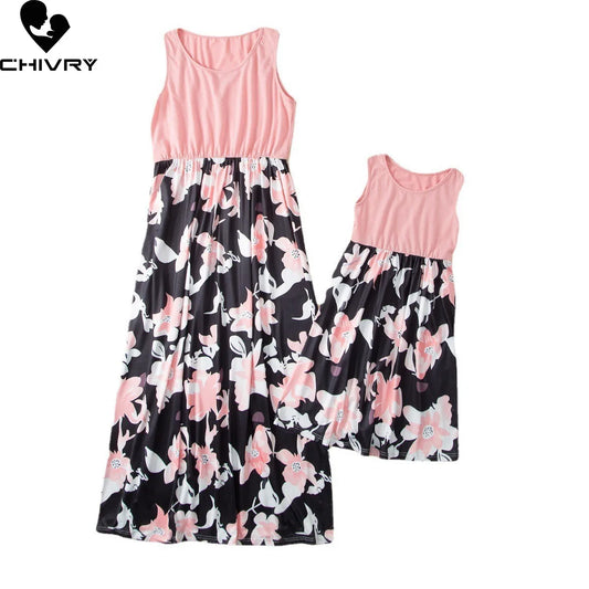 New 2022 Mother Daughter Summer Dresses Sleeveless Flower Patchwork Sundress Mom Mommy and Me Dress Family Matching Outfits