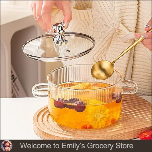 HighBorosilicateGlass Thickened PotHouseholdConvenient Bear Soup Pot with Lid Double Ear Soup Glass Pot Instant Noodles Milk Pot - Golden Bridge Store