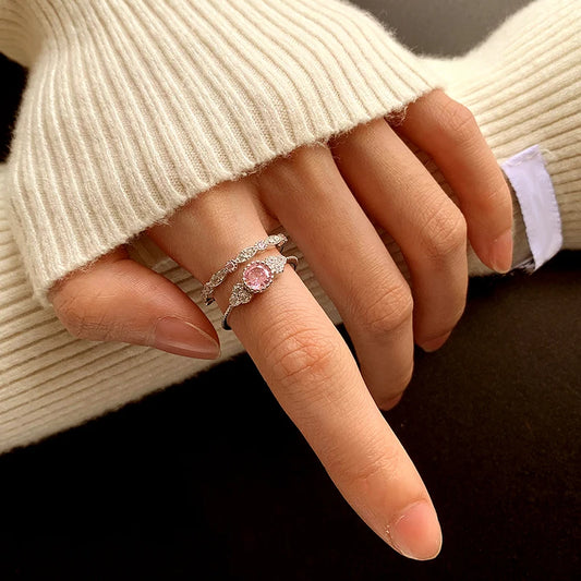 Personalized Stacking Ring Genuine S925 Silver Pink Zircon Fashion Versatile Double Layer Ring Ring