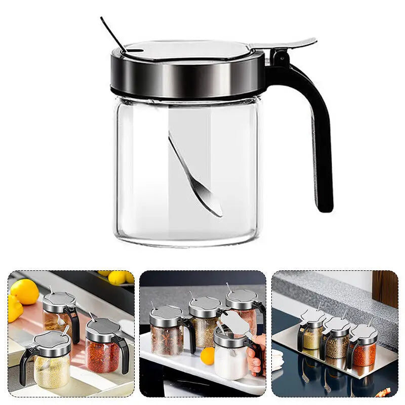 Spices Glass Seasoning Jar with Spoon Sugar Bowl Salt Shaker Pepper Seasoning Container Kitchen Supplies Storage Set Spice Boxes