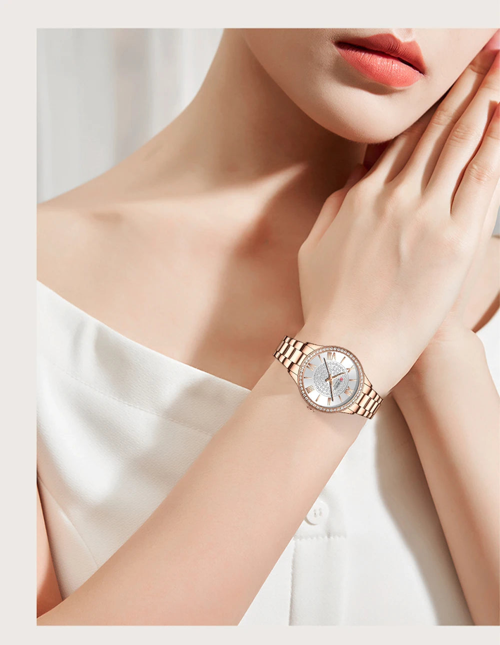 CURREN Luxus Uhr Damen Ring Halskette Ohrringe - Strass Mode Armbanduhr Weiblich Casual Damen Uhren Armband 5-teiliges Set