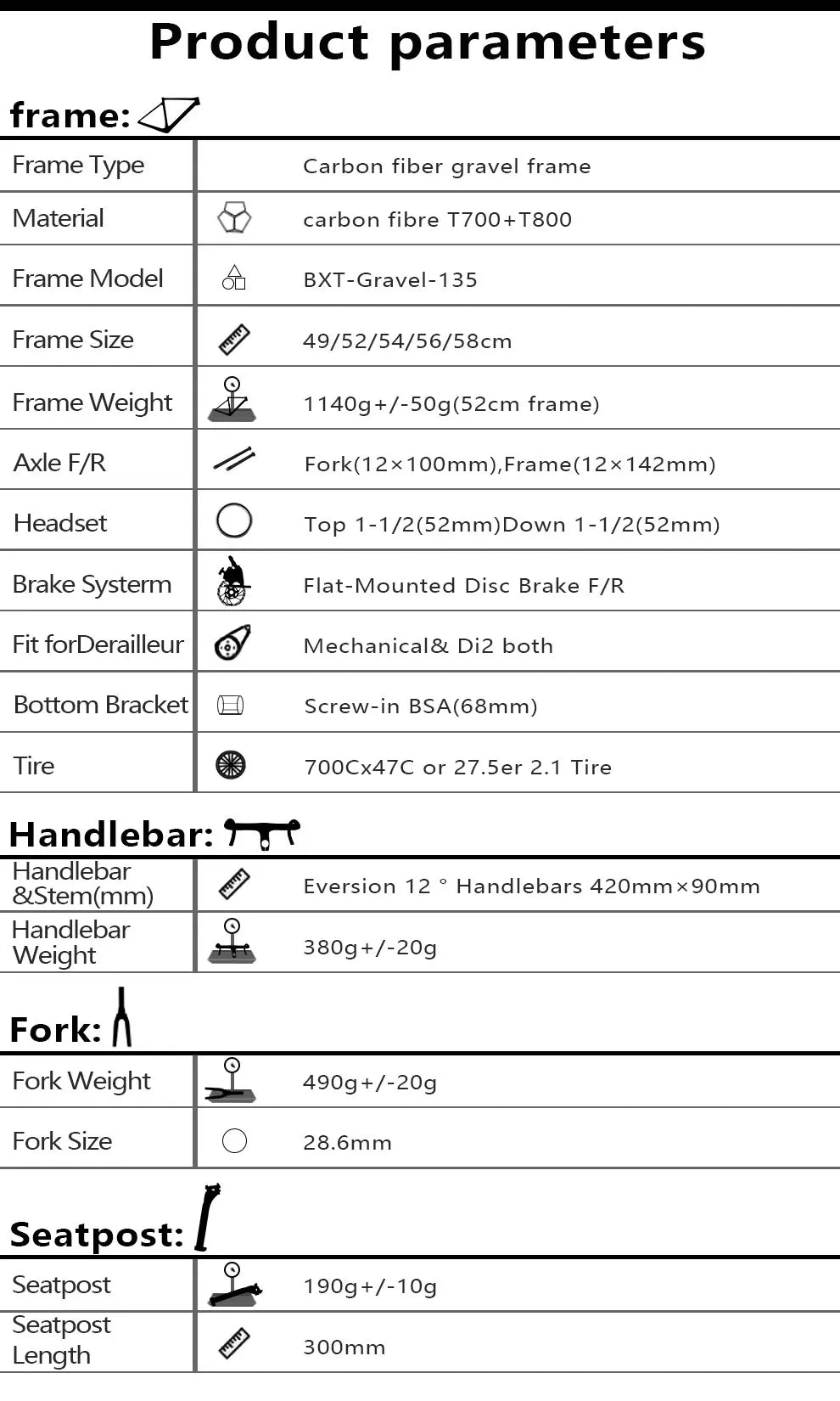 BXT Disc Brake Carbon Gravel Bike Frame 700C/27.5er Max Use 47C/2.1 Tire Carbon Gravel Bicycle Frame Thru Axle Carbon MTB Frame