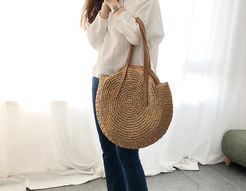 Round Straw Beach Bag Vintage Handmade Woven Shoulder Bag Raffia circle Rattan bags Bohemian Summer Vacation Casual Bags