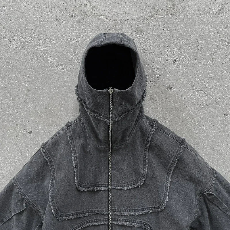 Washed Denim Jacket Y2K American Double Zipper Stitching Flanging Design Streetwear Gothic High Street Oversized Unisex Pullover
