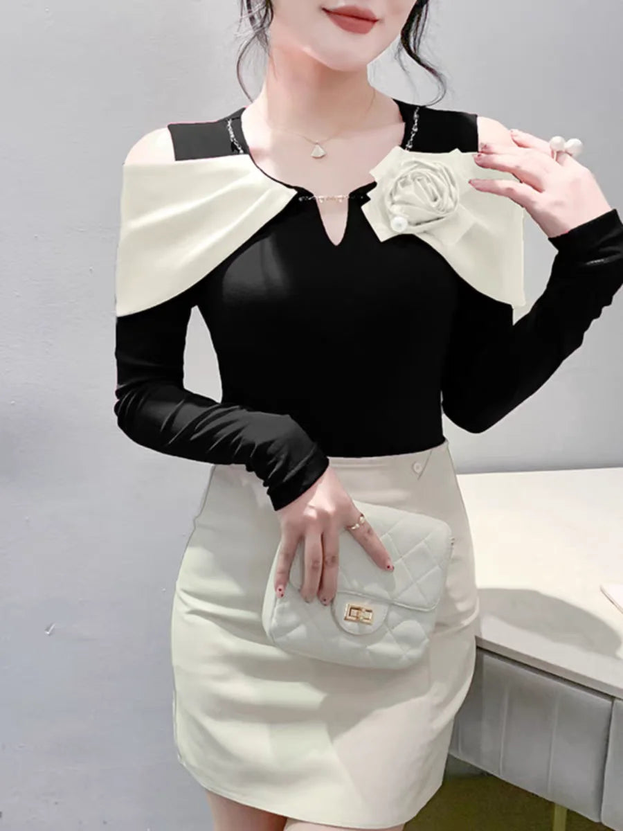 Women T-shirt Fashion T Shirt Cotton Slim Tee For Ladies Autumn Clothing New Long Sleeve Beading V-Neck Tops
