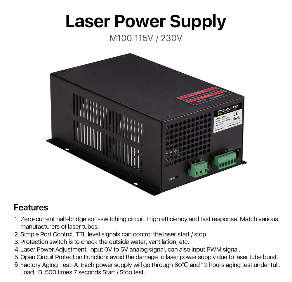 Sursă de alimentare laser CO2 Cloudray 80-100W pentru mașina de gravat și tăiat cu laser CO2 M100W