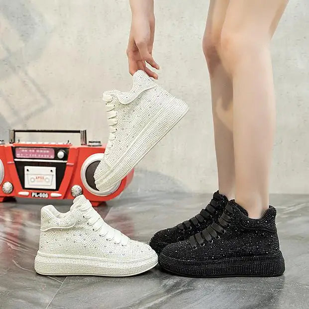 Fashion Sneakers Women Trend 2022 New Spring Autumn Platform Lace Up Rhinestone Women Casual Shoes Fashion Shiny Ladies Shoes