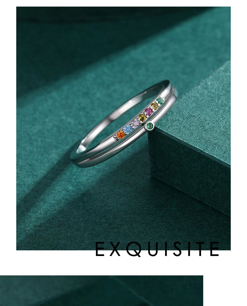 MODIAN 925 Sterling Silver Rainbow Cubic Zirconia Double Layer Ring For Women Geometric Design Ring Fashion Fine Jewelry Gifts