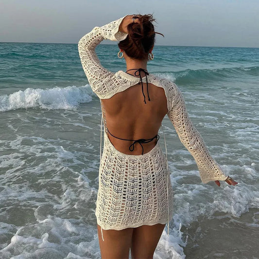 Vintage Crochet Flower Hollow Out Dress Cover-Ups Chic Women elegant Knit Backless Tie-up Mini Dress Summer Beach Holiday Bodycon