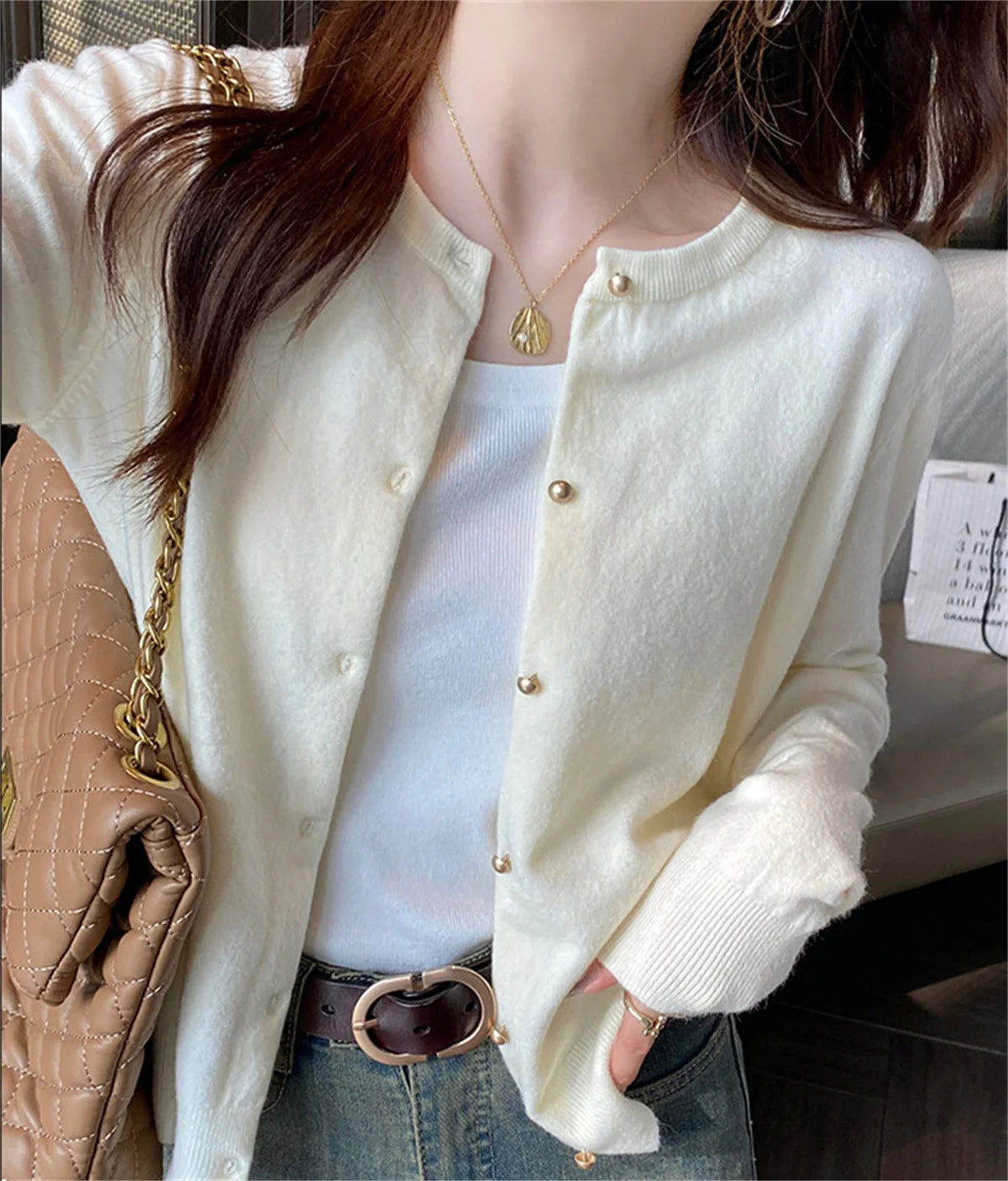 SDFBKCN Cardigan O-Kragen Strick Mit Knopfverschluss - Größe M Bis XL, Material Polyester, Länge Regular