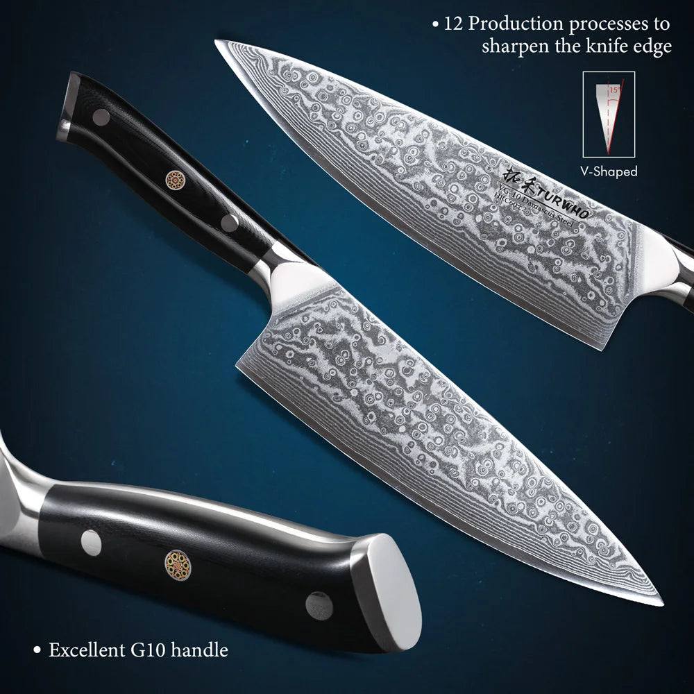 TURWHO 1-6 Piece Knife Set 67 Layers Damascus Steel Kitchen Knives Santoku Chef Knives Utility Bread Slicing Knife Cooking Tools