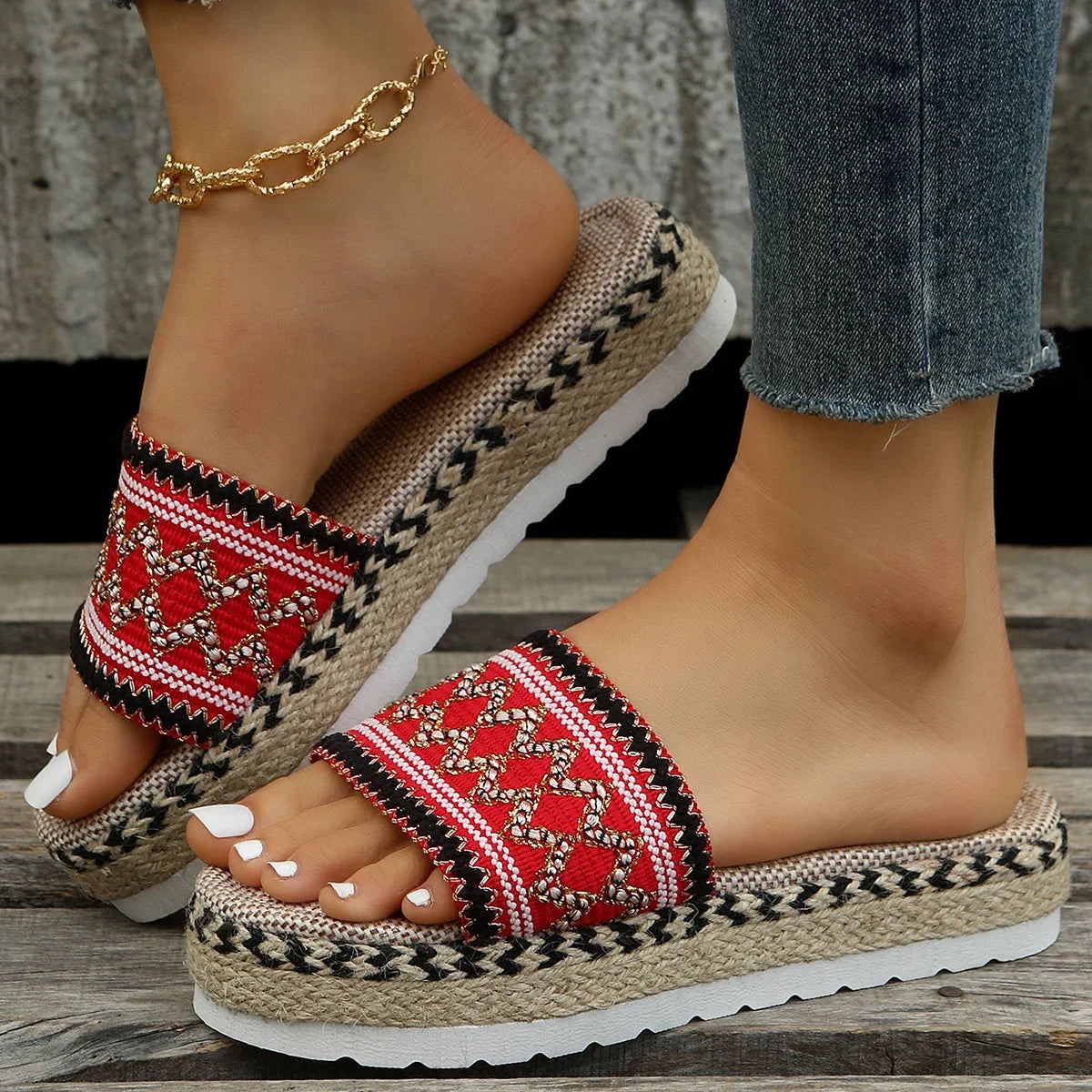 Gewebte Damen Pantoletten Platform - Sommer Schuhe für Damen 2025 Neu - Strand Casual Absatz Sandalen Bohemian Handgemacht Espadrilles