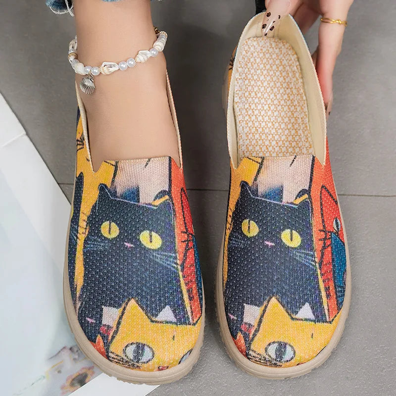 Women's Slip-On Sneakers Cat Print Spring Casual Shoes Plus Size Flat Sole Comfort Color Block Fabric Breathable Lightweight