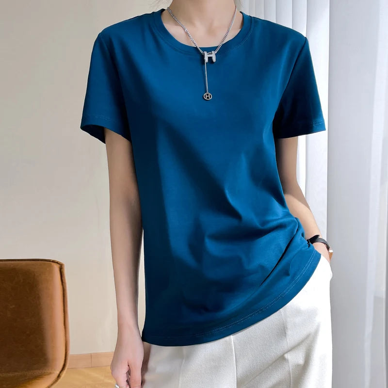 Women T-shirts 2025 Tops Solid Short Sleeve Loose O-neck Cotton Casual Ladies Shirts Harajuku Korean Summer Woman Tshirts