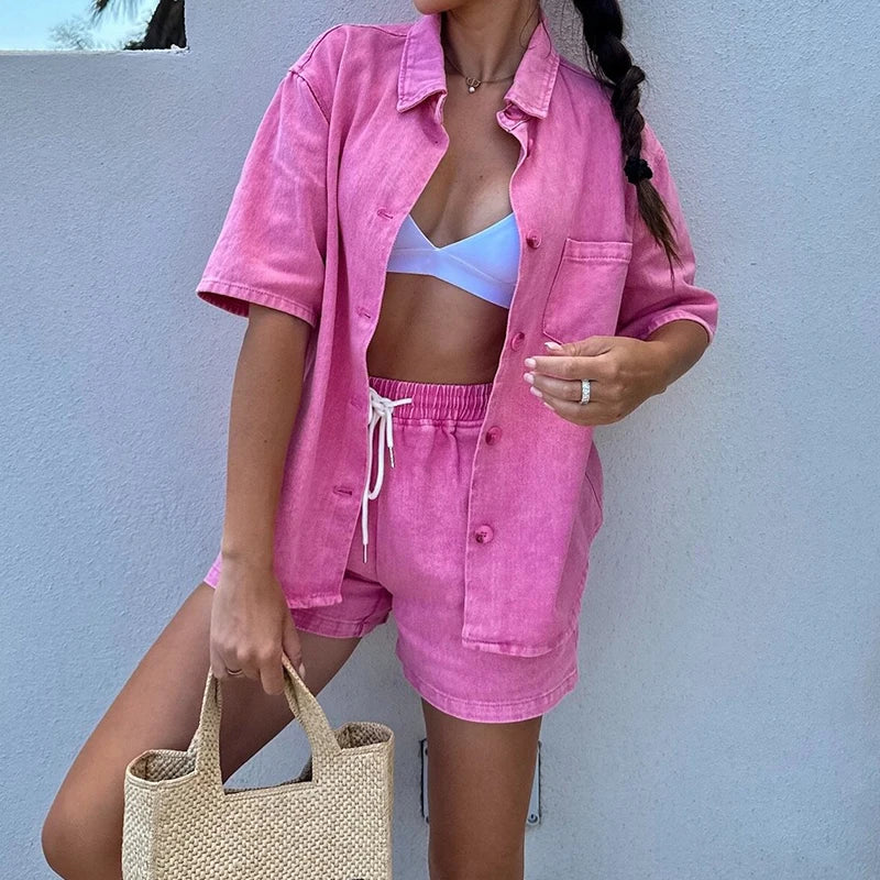Casual Summer Denim Women's Two Piece Fashion Lapel Button Shirt with Tie Up Shorts Suit 2025 High Street Pocket Loose Outfits