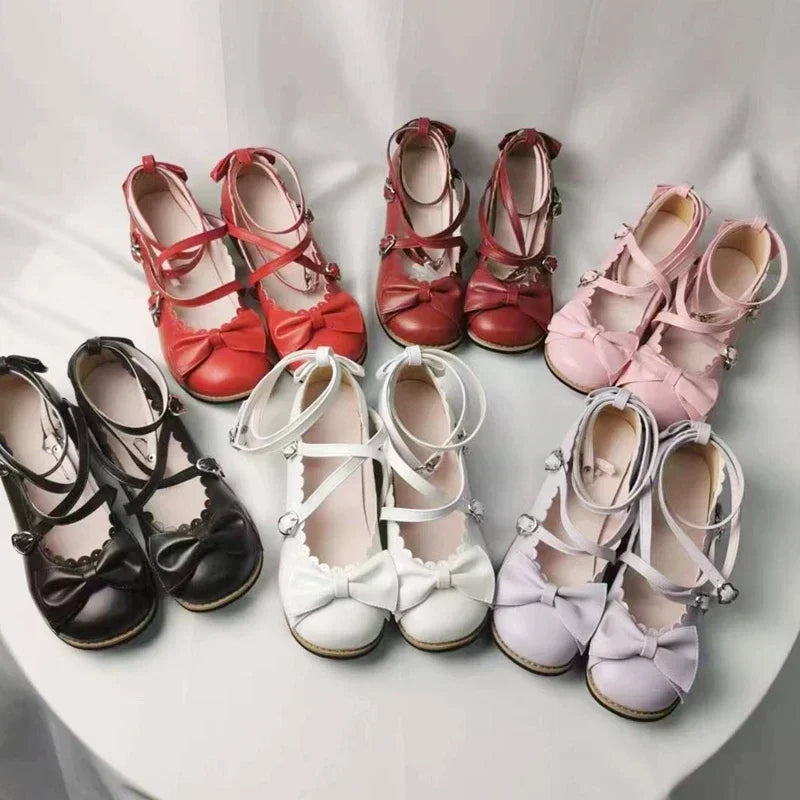 Lolita Schuhe Damen 2025 - Flats Low Round Cross Straps Schleife - Süße Mädchen Prinzessin Tea Party Schuhe Studenten 34-41