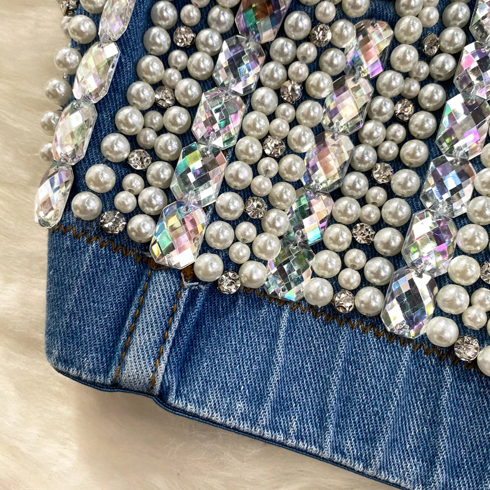 Women Summer Denim Camisole Corset Top Build In Bra Crystal Diamonds Pearl Luxury Jeans Tops High Street Club Party Nightwears