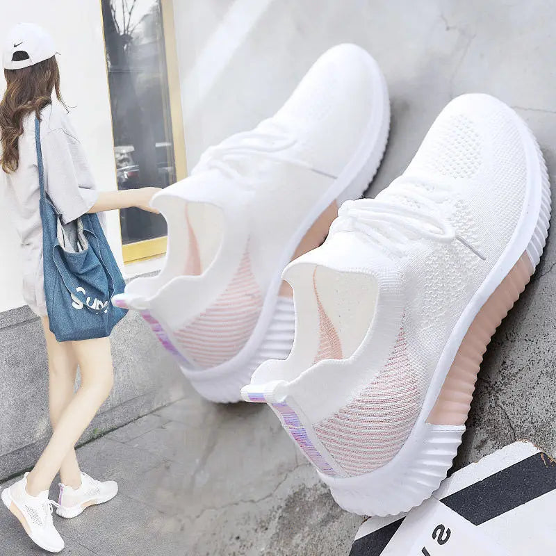Women's Shoes 2021 Spring White New Breathable Sports Mesh Versatile Summer Hollow Walking Flying Woven No-slip Ladies Sneakers